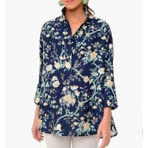 Tuckernuck Women's Size XL Navy Blue Floral Willow Blouse Collared Top